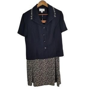 Danny & Nicole Womens 16P Skirt Suit Set Navy Blue Floral Blazer Maxi Skirt 2pc